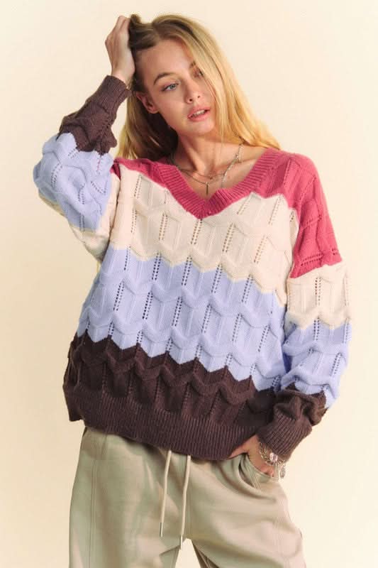 Davi & Dani Wavy Texture Color Block V-Neck Sweater - Love Salve